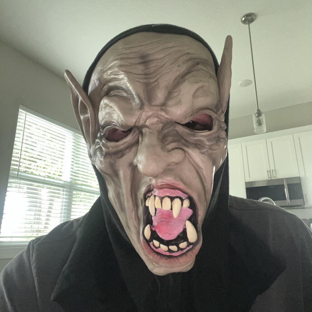 Vampire Demon Latex Mask w/ Hood Halloween Horror Prop Scary Teeth Gray Monster